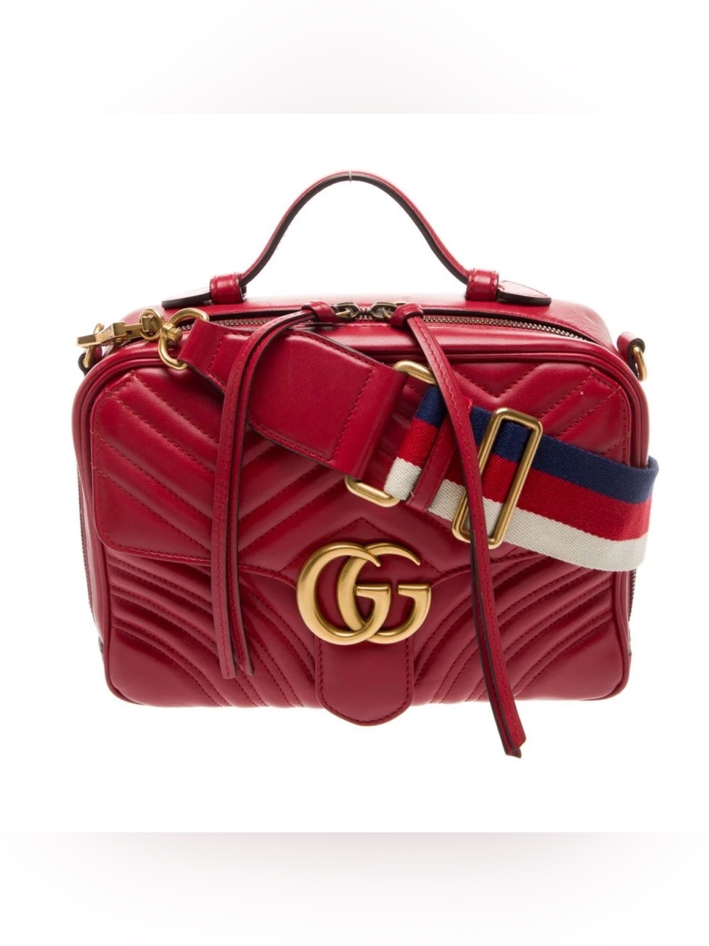 Gucci Red Quilted Leather Camera Bag with Striped Strap